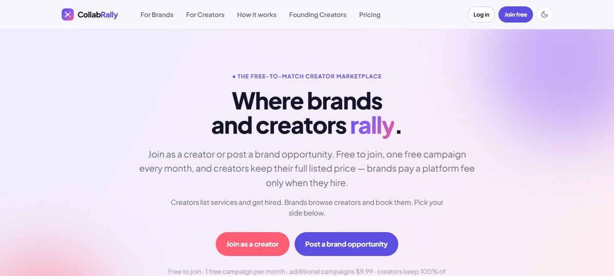 CollabRally homepage showing the headline ‘Where brands and creators rally.’ with calls to join as a creator or post a brand opportunity.
