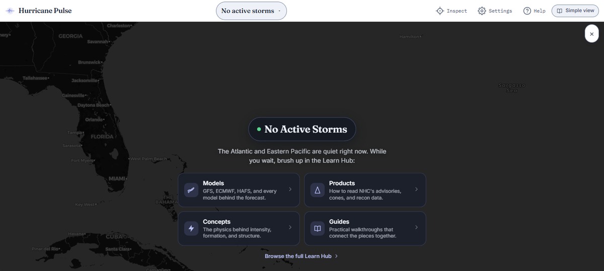 Hurricane Pulse map view showing the Atlantic and Caribbean with a ‘No Active Storms’ status card and Learn Hub shortcuts for models, products, concepts, and guides.