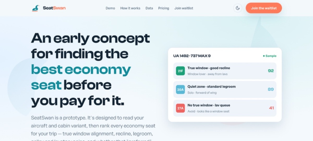 SeatSwan homepage showing the headline ‘An early concept’ and navigation for demo, data, pricing, and waitlist.
