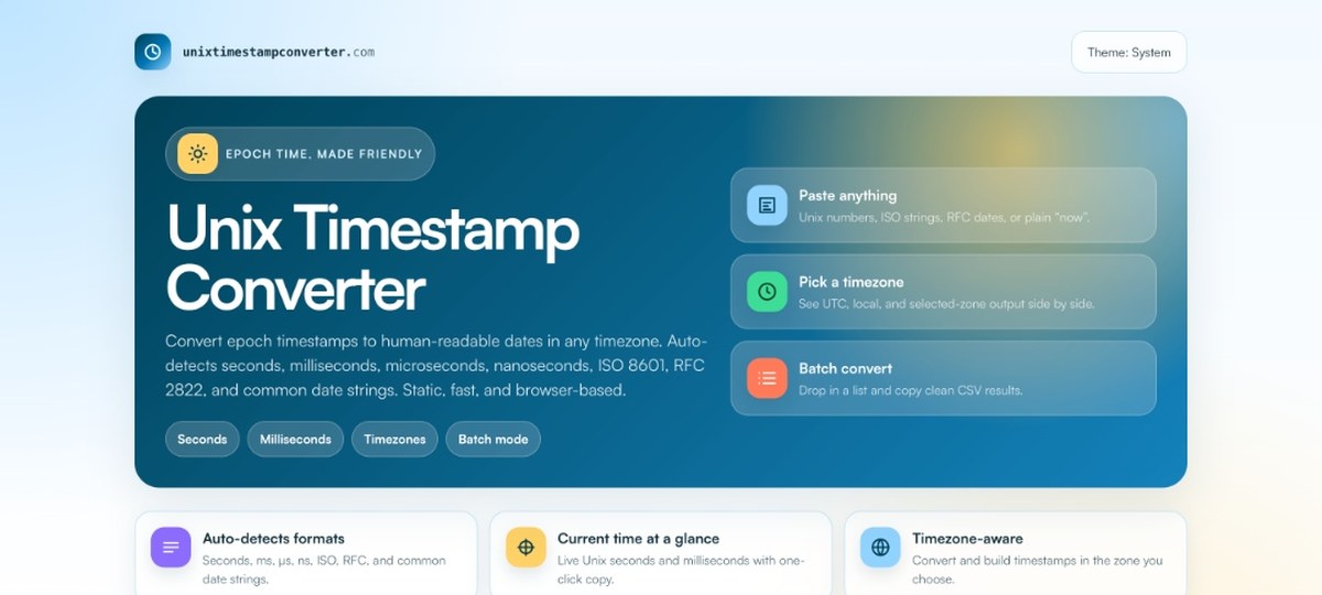 Unix Timestamp Converter homepage showing a teal hero panel and timestamp conversion tools.